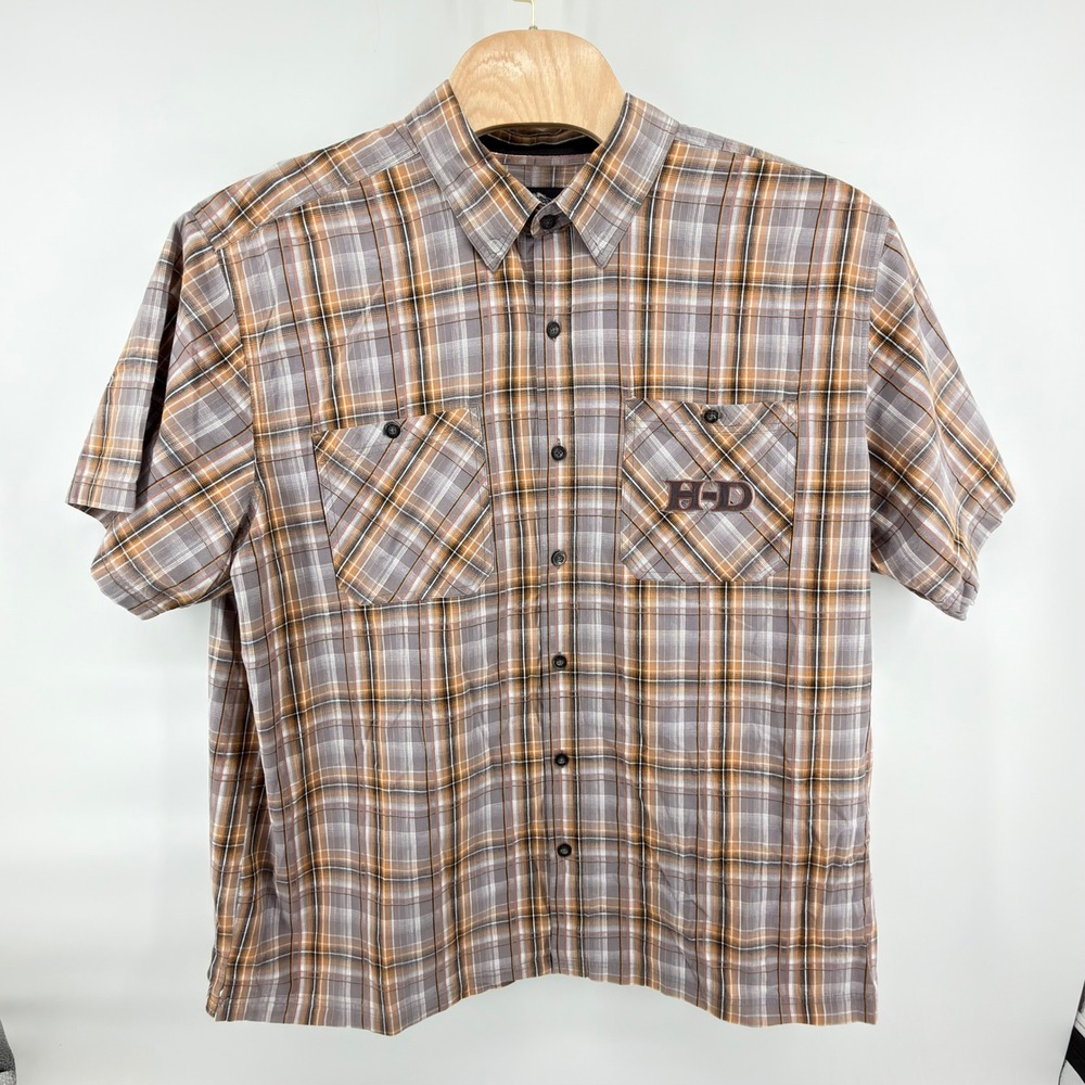 Harley-Davidson Button Up Mens 3XL Grey Orange Black White Plaid Biker Shirt